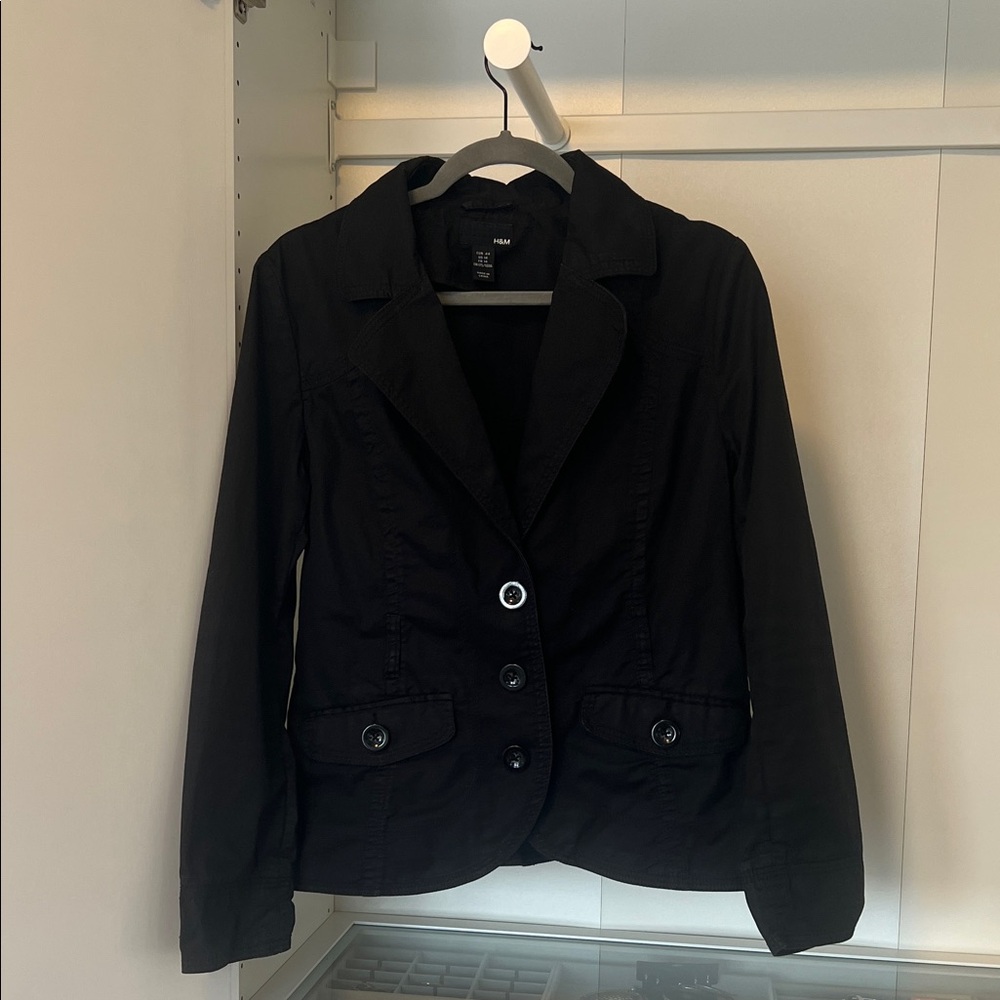 H&M Women's Black Tailored Stretch Cotton Blazer | Classic Work Jacket, Size 14